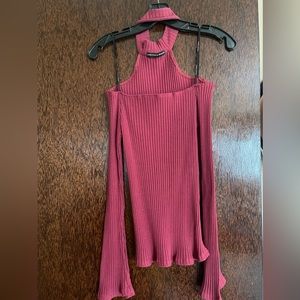 Off shoulder red ribbed long sleeve with zip up (back) neckline